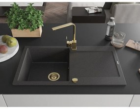 Mexen Leo, drez granitový 900x500x190 mm, 1-komorový, čierna škvrnitá so zlatým sifónom a zlatá drezová batéria Rita, 6501-76-670300-50