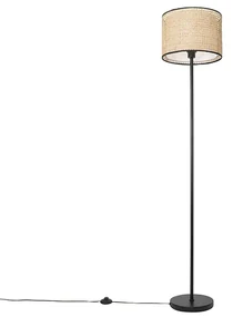 Rustikálna stojaca lampa čierna s ratanovým tienidlom - Kata