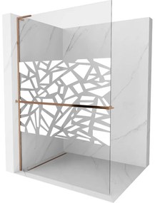 Mexen Kioto+ L, sprchová zástena Walk-In s poličkou a vešiakom 120 x 200 cm, 8mm číre sklo biely vzor, ružové zlato profil, 800-120-123-60-85