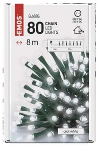 EMOS LED vonkajšia vianočná reťaz CLASSIC LIGHTS, 80xLED, studená biela, 8m, časovač, zelený