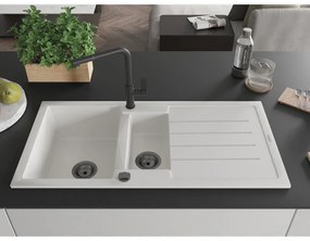 Mexen Andres, 1,5-komorový granitový drez 1000x500x200 mm a drezová batéria Flora, biela, 6515-20-670401-70-B