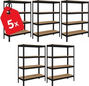 Akcia 5x Regál 150x70x30 cm lakovaný 4-policový, nosnosť 700 kg - čierny