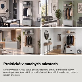Kancelársky regál otvorený s tyčou na oblečenie, do recepcie a čakárne, kovový, sivý, 800x2200x400 mm: ARIEL
