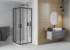 Mexen Rio, štvorcový sprchovací kút s posuvnými dverami 70(dvere) x 70(dvere) x 190 cm, 6mm číre sklo námraza, čierny profil + biela sprchová vanička SLIM, 860-070-070-70-00-4010