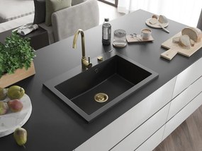 Mexen Elix, 1-korový granitový drez 700 x 500 mm, čierna/strieborná metalíza, zlatý sifón, 6526701005-73-G