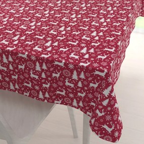Biante Zamatový obdĺžnikový obrus Tamara TMR-045 Vianočné jelene a stromčeky na červenom 120x180 cm