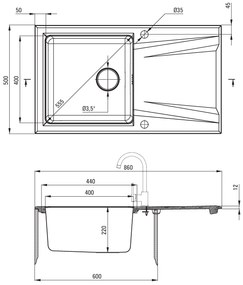 Deante Prime, granitovo-nerezový drez 860x500x220 mm, 3,5" + priestorovo úsporný sifón, 1-komorový, antracitová metalíza, ZSR_T113