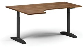 Výškovo nastaviteľný stôl OBOL, elektrický, 675-1325 mm, rohový ľavý, doska 1600x1200 mm, čierna zaoblená podnož, orech