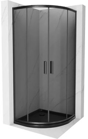 Mexen Rio, štvrťkruhový sprchovací kút s posuvnými dverami 90(dvere) x 90(dvere) x 190 cm, 6mm šedé sklo, čierny profil + čierna sprchová vanička Slim, 863-090-090-70-40-4170B