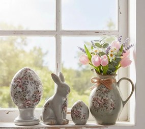 Decorative Figurine Egg ? 10x12 Cm Grey Ceramic Flowers - ? 10*12 cm