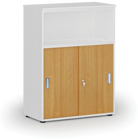 Kombinovaná kancelárska skriňa so zásuvnými dverami PRIMO WHITE, 1087 x 800 x 420 mm, biela/buk