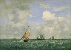 Sklenený obraz - Eugène Boudin, Ships and Sailing Boats Leaving Le Havre, reprodukcia (70x50 cm)