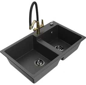 Mexen Tomas, 2-komorový granitový drez 800x500x190 mm  a kuchynská batéria Duo, čierna škvrnitá, 6516-76-671701-57-B