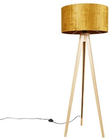 Stojaca lampa drevená s látkovým tienidlom zlatá 50 cm - Tripod Classic