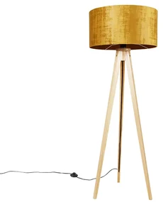 Stojaca lampa drevená s látkovým tienidlom zlatá 50 cm - Tripod Classic