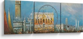 Obraz - Gondola prechádzajúca Benátkami, olejomaľba (s hodinami) (90x30 cm)
