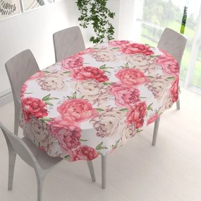 Biante Bavlnený oválny obrus Sandra SA-746 Veľké ružovo-béžové pivonky na bielom 120x200 cm