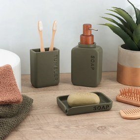 Sada kúpeľňových doplnkov Salva, olivová/s drevenými prvkami