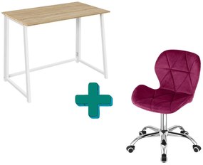 Set do pracovne ZARIMO stôl 80x40 cm biely + kreslo AVOLA VELVET vínové