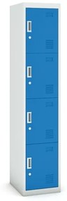 Šatníková skrinka s úložnými boxami, štvordverová, cylindrický zámok, 1800 x 380 x 450 mm, sivá/modrá