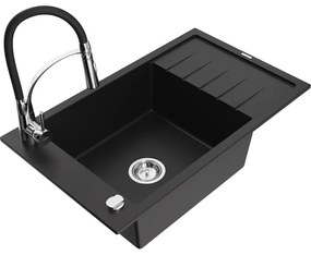Mexen Elias, 1-komorový granitový drez 795x480x200 mm a drezová batéria Aster, čierna, 6511-77-73450-07