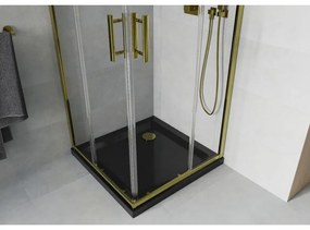 Mexen Rio, štvorcový sprchovací kút s posuvnými dverami 80(dvere) x 80(dvere) x 190 cm, 6mm číre sklo, zlatý profil + čierna sprchová vanička SLIM, 860-080-080-50-00-4070G