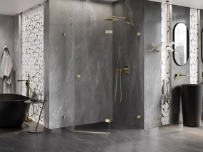 Mexen Lunar, výklopný päťuholníkový sprchový kút pravý 90 x 80 cm, 8mm číre sklo, zlatý profil, 831-090P-080L-50-00-P