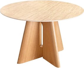 Okrúhly keramický jedálenský stôl Yenibeth 120 cm travertín / dub