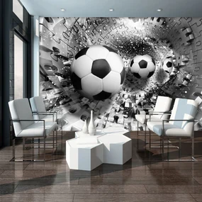 Fototapeta - Futbalové lopty v 3D puzzle tuneli (152,5x104 cm)