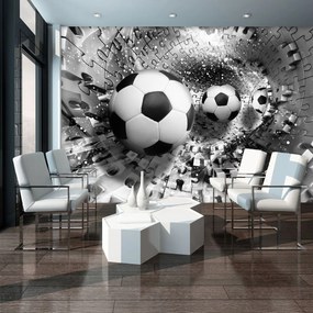 Fototapeta - Futbalové lopty v 3D puzzle tuneli (254x184 cm)