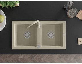 Mexen Mario, 2-komorový granitový drez 82x44 cm s kuchynskou batériou Telma, béžová, 6504-69-670200-69