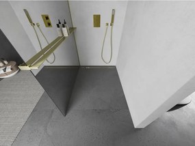 Mexen Kioto+, sprchová zástena Walk-In s poličkou a vešiakom 80 x 200 cm, 8mm sklo vzor zrkadlo, zlatý matný profil, 800-080-121-55-50