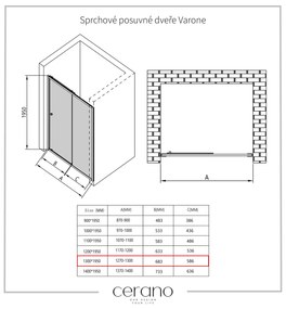 Cerano Varone, sprchovací kút s posuvnými dverami 130 (dvere) x 70 (stena) x 195 cm, 6mm šedé sklo, čierny profil, CER-CER-429664