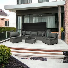 Sivý ratanový nábytok so slnečnou clonou - modulárny