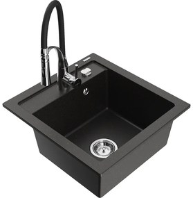 Mexen Vito, 1-komorový granitový drez 490x520x210 mm a drezová batéria Aster, čierna-zlatá metalíza, 6503-75-73450-07