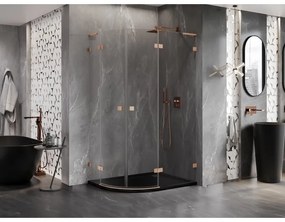 Mexen Lunar, L pravý polkruhový sprchový kút 90 x 80 cm, 8mm číre sklo, profil medená matná, 833L-090P-080L-65-00