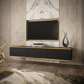 Závesná TV skrinka, BOSTON 175 cm čierna matná + zlatá