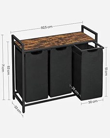 Kôš na bielizeň s policou BERGEN, 3x38l, čierna/hnedá SongmicsHome