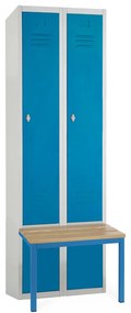 Kovová šatníková skrinka s lavičkou, 60 x 85 x 185 cm, sokel, otočný zámok, modrá - ral 5012