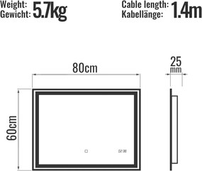 AQUAMARIN kúpeľnové zrcadlo s LED osvetlením, 80 x 60 cm