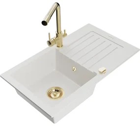 Mexen Pablo, granitový drez 752x436x161 mm, 1-komorový a zlatá batéria Duero, biela, 6510-20-671600-50