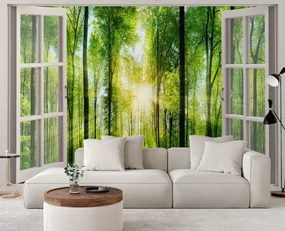 Gario Fototapeta Okno - slnečné lúče v lese Materiál: Vliesová, Rozmery: 210 x 150 cm