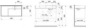 LAUFEN Kartell Umývadlo, 900 mm x 460 mm, biela – s 3 otvormi na batériu, bez prepadu H8103390001581