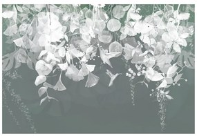 Samolepiaca tapeta šedo-zelené listy s kolibríkmi