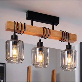 BRILAGI - Prisadený luster WOOD GLASS 3xE27/60W/230V borovica/čierna/dymová béžová