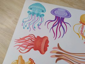 Farebné medúzy textilní prelepiteľné nálepky na stenu hárok 45 x 35 cm