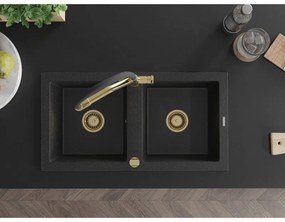 Mexen Mario, granitový drez 820x436x161 mm, 2-komorový a drezová batéria Duo, čierna-strieborná metalíza, 6504-73-671701-57-G