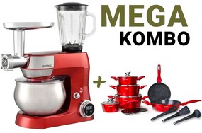 MEGAKOMBO Multifunkčný kuchynský robot BestBerg BBR-1900R + 15dielna sada riadu s mramorovým povrchom BestBerg BBN-1015R / červená