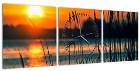 Obraz - Západ slnka nad jazerom (s hodinami) (90x30 cm)