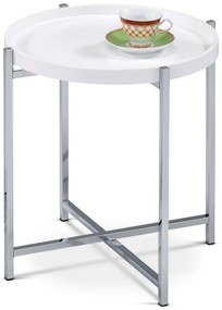 Odkládací stolek pr.50x50 cm, deska dřevo, bílý mat. lak, kovové chromované nohy